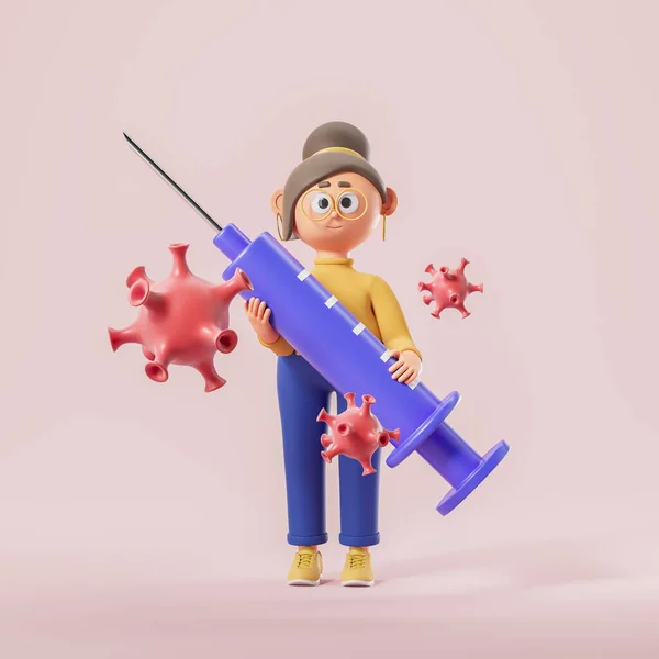 3D渲染 卡通人物女人拿着一个粉色背景的大注射器 注射概念 病毒预防 免疫系统和疫苗说明 — 图库照片