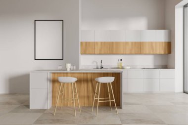 Beyaz duvarları, fayanslı zemini, lavabo ve fırında yapılmış beyaz ve ahşap dolapları, beyaz tabureli ve dikey poster çerçeveli bar tezgahı olan modern mutfağın içi. 3d oluşturma