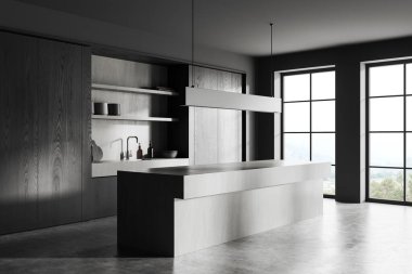 Gri ve koyu ahşap duvarları, beton zemini, lavabo ve devasa taş adalarda yapılmış dolapları olan şık bir mutfak köşesi. Dağ manzaralı iki pencere. 3d oluşturma