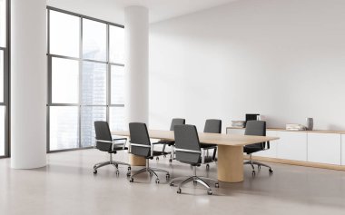 Beyaz duvarları, beton zemini, sandalyeleri ve sütunları olan uzun konferans masası olan modern ofis toplantı odasının köşesi. 3d oluşturma