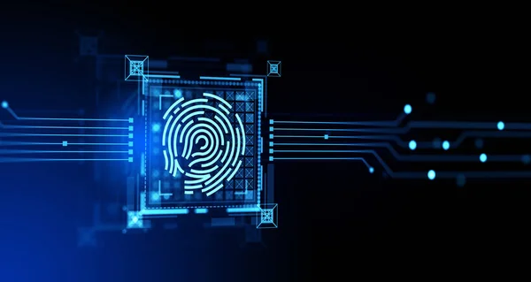 Glödande Fingeravtryck Hud Med Kretskort Abstrakt Bakgrund Biometrisk Skanning Identifieringssystem — Stockfoto