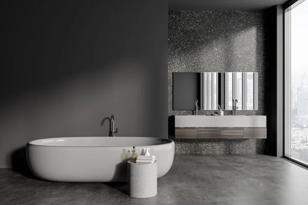 Interior Banheiro Moderno Com Paredes Pedra Cinza Piso Concreto Banheira — Fotografia de Stock