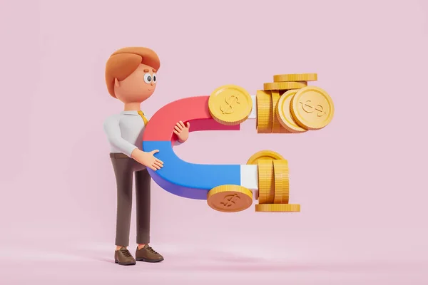 View of cartoon businessman holding big horseshoe magnet attracting dollar coins over pink background. Concept of business strategy and fraud. 3d rendering
