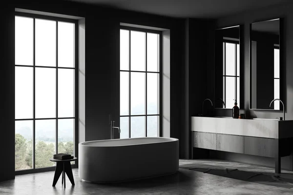 Stilvolles Badezimmer Mit Dunkelgrauen Wänden Betonboden Massivem Steinwaschbecken Mit Zwei — Stockfoto