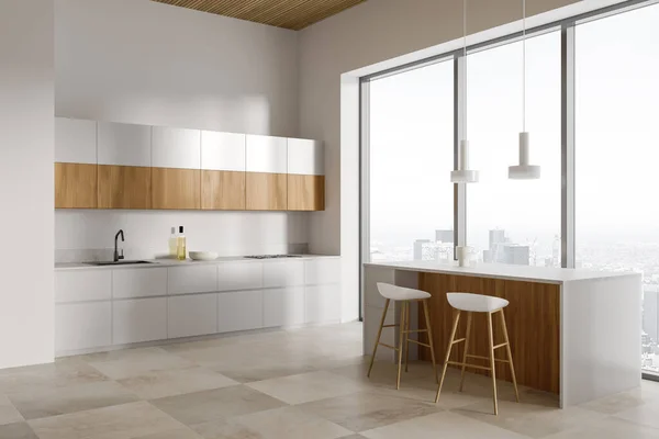 Interior Modern Kitchen White Walls Tiled Floor White Wooden Cabinets — Stock Photo, Image