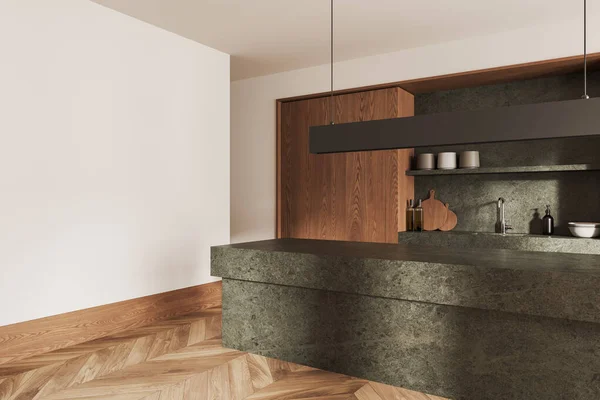 Ecke Der Modernen Küche Mit Weißen Und Hölzernen Wänden Holzboden — Stockfoto