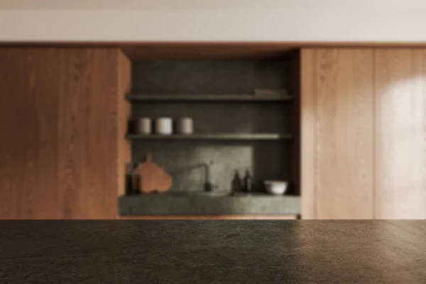 白と木製の壁とぼやけたキッチンであなたの製品のための石のテーブル シンクと料理のための棚を内蔵キャビネット 3Dレンダリング コピースペース — ストック写真