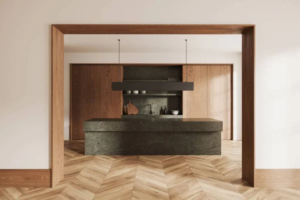 Inteiror Der Modernen Küche Mit Weißen Und Hölzernen Wänden Holzboden — Stockfoto