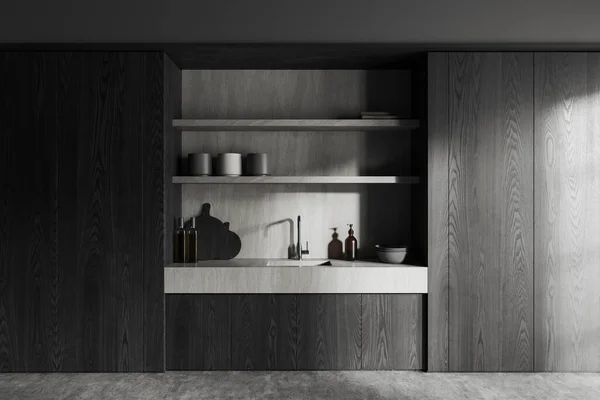 Interior Cozinha Elegante Com Paredes Madeira Cinza Escura Piso Concreto — Fotografia de Stock