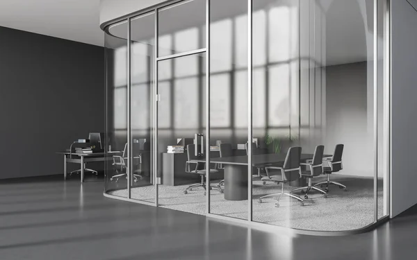 Ecke Des Stilvollen Büro Besprechungsraums Mit Dunkelgrauen Glaswänden Grauem Teppichboden — Stockfoto