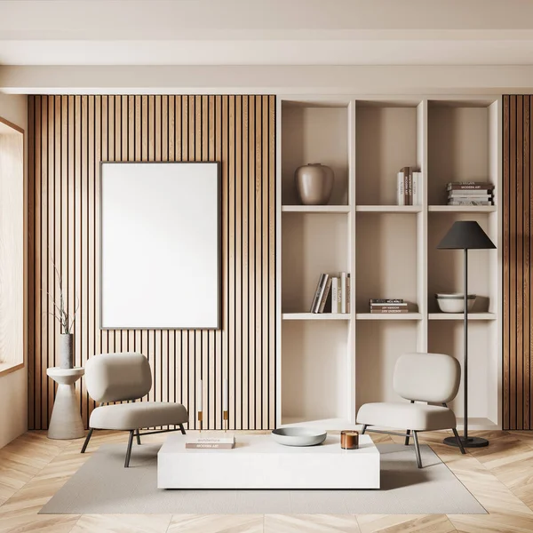 Interieur Eines Stilvollen Wohnzimmers Mit Weißen Und Hölzernen Wänden Holzboden — Stockfoto