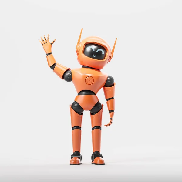 Widok Przyjazny Pomarańczowy Czarny Sztuczna Inteligencja Robot Macha Ręką Wita — Zdjęcie stockowe