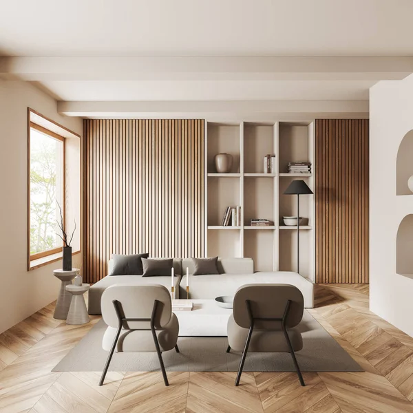 室内的时尚客厅 有白色和木制墙壁 舒适的沙发 两个扶手椅与白色咖啡桌和书柜 3D渲染 — 图库照片