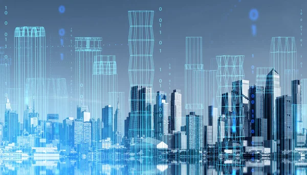 Skyline New York Stad Med Dubbel Exponering Uppslukande Wireframe Nätverksgränssnitt — Stockfoto