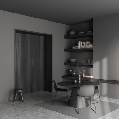 İçi masa ve sandalyelerle dolu karanlık bir oturma odası, yan görüş, kitap ve sanat dekorasyonlu bir çatı katı, gri beton zeminde halı. Görünmez ahşap kapı. 3B görüntüleme