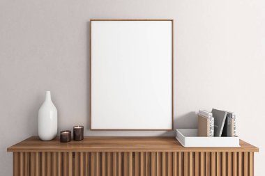 Parlak oturma odasının önü boş beyaz poster, mumlar, vazo, kitaplar, büfe. Minimalist tasarım kavramı, modern sanat. Model yap. 3d oluşturma