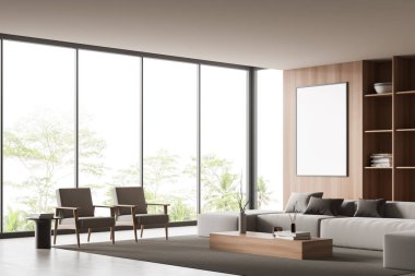 Bej dinlenme odası içi kanepe ve koltuklar, yan görüş, sanat dekorasyonu ve gri beton zeminde halı olan raf. Tropik bölgelerde panoramik pencere. Posteri düzenle. 3B görüntüleme