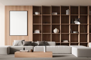 Oturma odasının içinde kanepe, sehpa ve dekoratif ahşap raf, gri beton zeminde halı var. Tuvalin posterini hazırla. 3B görüntüleme