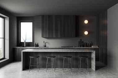 Gri beton zeminde bar taburesi ve tezgahı olan karanlık bir mutfak. Güvertede mutfak eşyaları ve dekorasyon, kırsal alanda panoramik pencereli yemek pişirme alanı. 3B görüntüleme