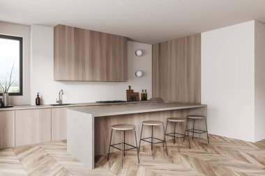 Ahşap mutfak, bar taburesi, ada, yan görüş, ahşap zemin. Minimalist mutfak gereçleri, dekorasyon, panoramik pencere. Kopya uzay duvarı. 3B görüntüleme