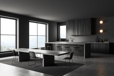 Bar adası, sandalyeler, yan manzara, halıdaki yemek masası, gri beton zemin. Minimalist mutfak eşyalarıyla dolu raflar. Kırsal kesimde panoramik pencere. 3B görüntüleme