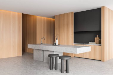 Bar adası, koltuklar, yan görüş, gri beton zemin. Aşçılık alanında minimalist mutfak gereçleri ve dekorasyon. 3B görüntüleme