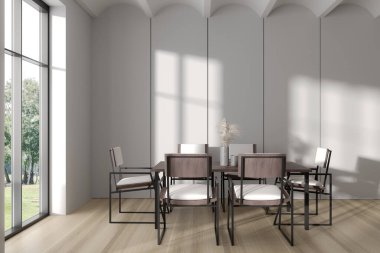 Parlak yemek odasının iç tarafında yemek masası, koltuklar kırsal manzaralı panoramik pencere, beyaz duvar, meşe ağacından zemin, çanak çömlek. Minimalist tasarım kavramı. 3d oluşturma