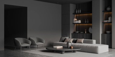 Koyu renk oturma odasının iç tarafında koltuklar, kanepe, kemer, sehpa, beton zemin, halı, kitaplarla dolu raflar, yuvarlak ayna. Minimalist tasarım kavramı, modern sanat. 3d oluşturma