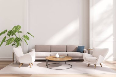 Parlak oturma odasının önü kanepe, koltuk, sehpa, beyaz duvar, ahşap zemin, halı, ev bitkisi, kitaplar ve çanak çömlekle dolu. Minimalist tasarım kavramı, modern sanat. 3d oluşturma