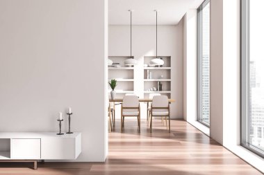 Beyaz oturma odası içinde sandalyeler ve masa, rafta sanat süslemeleri var. Mumlu yan pano. Şehrin gökdelenlerinin panoramik penceresi. Model boş duvar. 3B görüntüleme