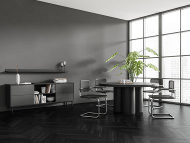 Oturma odasının içinde yemek masası ve sandalyeler, yan görüş, süslemeli büfe ve siyah ahşap döşeme. Gökdelenlerin panoramik penceresi. Model boş duvar. 3B görüntüleme