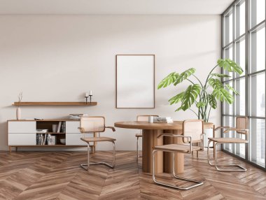 Ahşap oturma odası, yemek masası ve sandalyeler, ahşap zemin süslemeli büfe. Şehir manzarasında panoramik pencere. Tuvalin maketi posteri. 3B görüntüleme