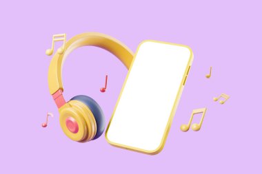 Akıllı telefon boş model ekran, mor arkaplanda renkli notlar olan kulaklıklar. Müzik uygulaması ve cep telefonu kavramı. 3B görüntüleme