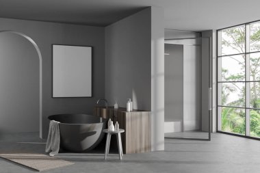 Küvetli, duşlu, yan manzaralı, banyo aksesuarlı, çekmeceli ve tabureli. Tropik bölgelerde panoramik pencere. Tuvalin maketi posteri. 3B görüntüleme