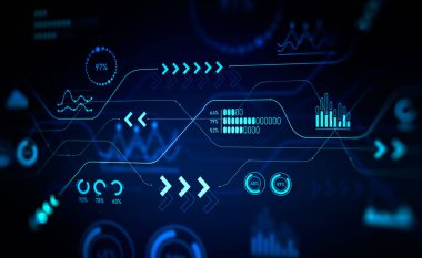 Parlayan büyük veri dijital analiz hud 'u, okları ve numaraları olan araştırma ve geliştirme grafikleri. Finans ve yatırım kavramı. 3B görüntüleme