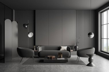 Oturma odasının içinde kanepe ve iki koltuk, gri beton zeminde halı. Kırsal kesimde panoramik penceresi olan dinlenme alanı. Boş duvarı kopyala. 3B görüntüleme