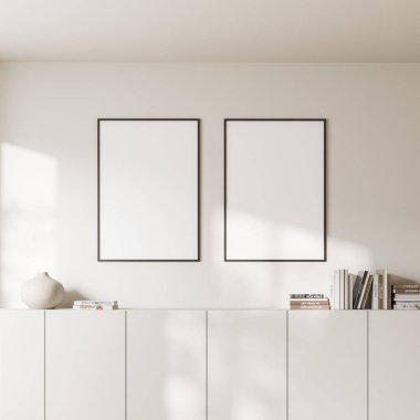 Parlak oturma odasının önü, duvarında iki boş beyaz poster, büfe, kitaplar, çanak çömlek. Minimalist tasarım kavramı. Model yap. 3d oluşturma
