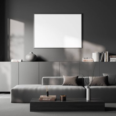 Karanlık oturma odasının önü, gri duvar, büfe, kanepe, sehpa, halı, beton zemin, kitaplar. Minimalist tasarım kavramı. Model yap. 3d oluşturma