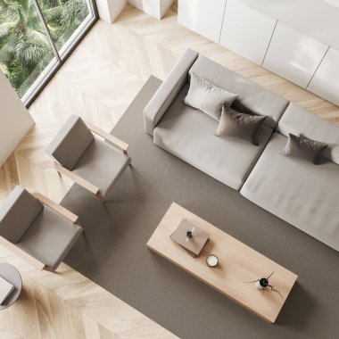 Beyaz oturma odasının iç manzarası kanepe ve iki koltuk, dekorasyonlu kahve masası, ahşap zeminde halı, tropiklerde pencere. 3B görüntüleme