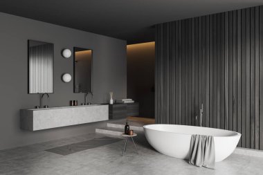 Çift lavabo, küvet, yan görüş, merdivenler ve gri beton zemin olan koyu bir banyo. Aksesuarlarla banyo köşesi. Uzay siyah tahta duvarını kopyala. 3B görüntüleme