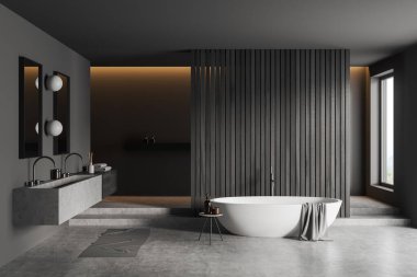 Banyonun içini koyu renk banyo, iki ayna, panoramik pencere, gri duvarlar, ahşap bölme, beton zemin, lavabo, halı. Su arıtma kavramı. 3d oluşturma