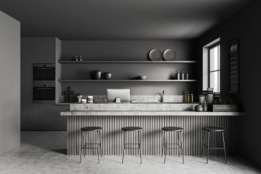 Panoramik pencereli, gri duvarlı, masaüstü, fırın, lavabo, beton zemin, bar tabureli bar tezgahı olan modern karanlık kafe manzarası. Minimalist tasarım kavramı. 3d oluşturma