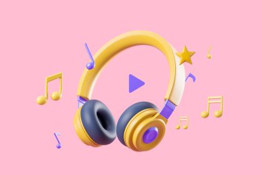 Yellow headphones, musical notes with stars and play button. Concept of songs. 3D rendering clipart