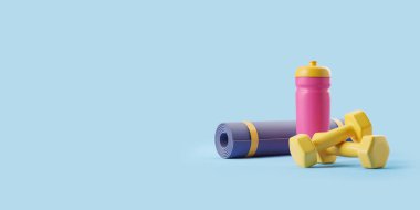 Spor aletleri, dambıllar ve mavi arka planda gri hasırlı bir şişe su. Yoga ve sağlıklı yaşam tarzı kavramı. Uzayı kopyala 3B görüntüleme