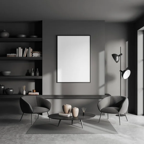 Frontansicht Auf Dunkle Wohnzimmereinrichtung Mit Leeren Weißen Postern Sesseln Couchtisch — Stockfoto