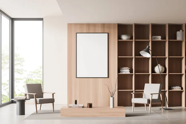 Frontansicht Auf Helle Wohnzimmereinrichtung Mit Leerem Weißen Poster Couchtisch Sessel — Stockfoto