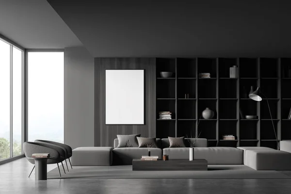 Front view on dark living room interior with empty white poster, panoramic window, sofa, armchairs, carpet, shelves with books, concrete floor. Concept of minimalist design. Mock up. 3d rendering
