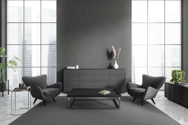 Frontansicht Auf Dunkle Wohnzimmereinrichtung Mit Leerer Grauer Wand Sesseln Couchtisch — Stockfoto