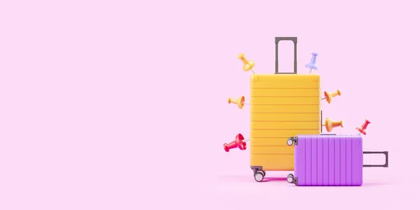 Renkli Bavul Pembe Arka Planda Çeşitli Raptiyeler Yolculuk Giriş Kavramı — Stok fotoğraf