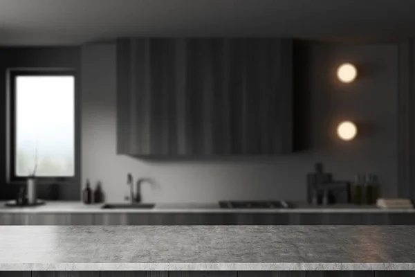 灰色石英岩岛背景模糊的黑色木制厨房内部 厨房用具和全景窗户 用于产品展示的模拟复制空间 3D渲染 — 图库照片